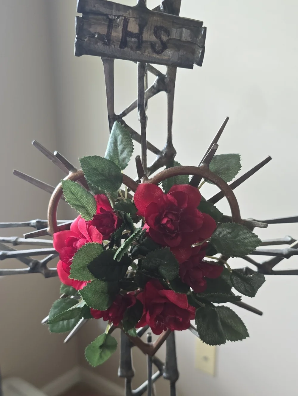 Artisan Brutalist Industrial folk art Nail Cross Rose Accent Wood Base Christian